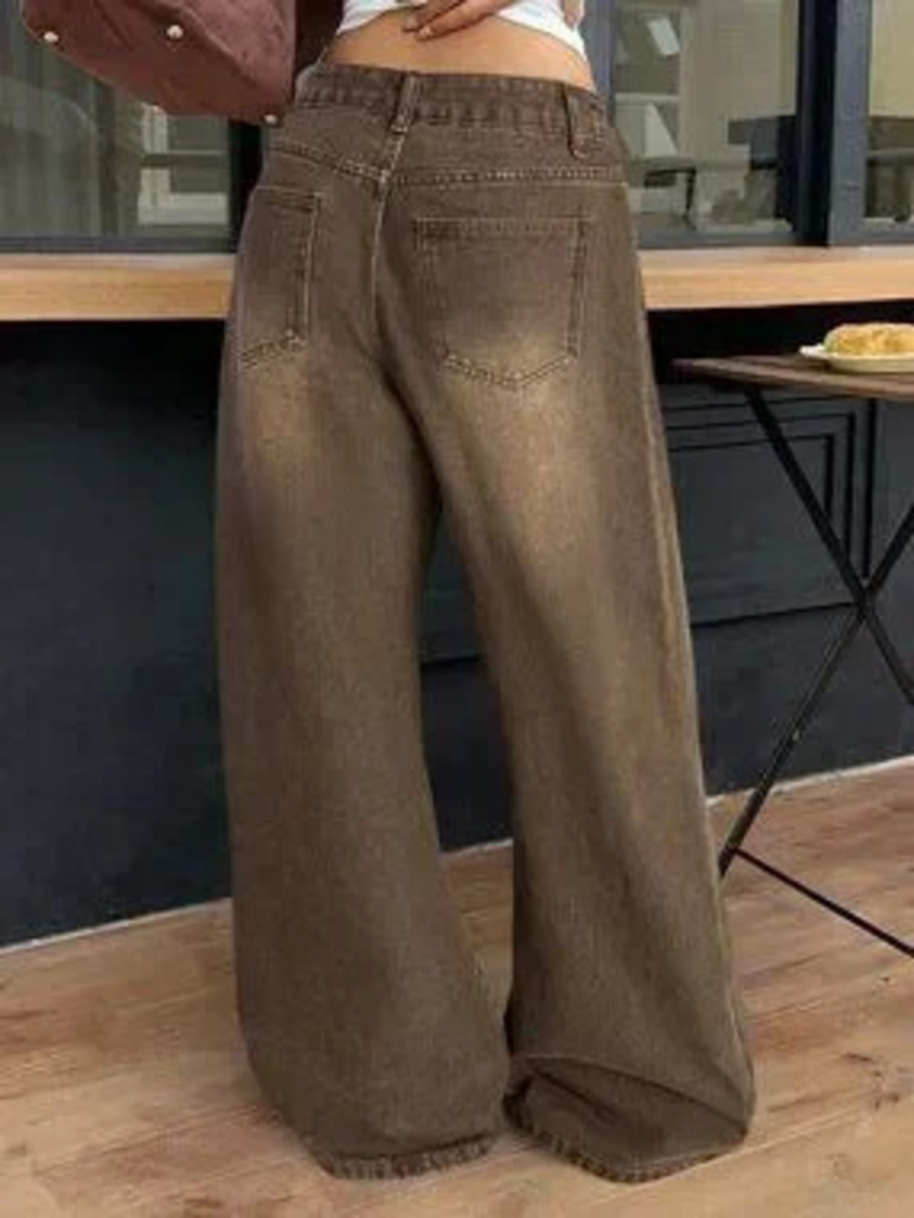 Brown Casual Women's Street Low Waist Loose Wide Leg Washed Jeans